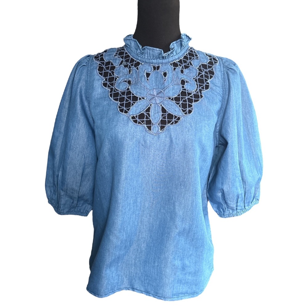 Tulip Creations Denim Short Puff Sleeve Cut-Out Crochet & Ruffle Neck Top, Large